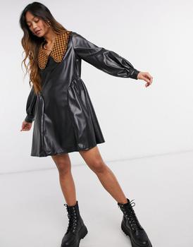 推荐ASOS DESIGN check collar leather look mini dress in black商品