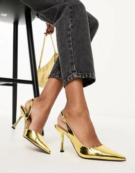 ASOS | ASOS DESIGN Simmer slingback stiletto mid shoes in gold 6.6折, 独家减免邮费