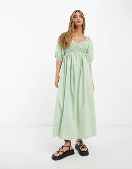 ASOS | ASOS DESIGN cotton shirred corset midi dress in sage green 6.1折, 独家减免邮费