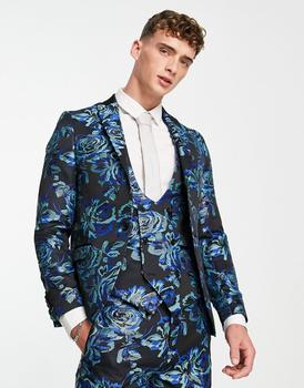 推荐Twisted Tailor owsley suit jacket in black with teal and mint floral jacquard商品