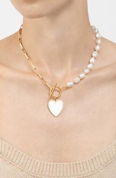 商品14K Yellow Gold Plated 10mm Pearl Heart Pendant Necklace图片