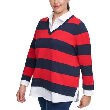 推荐Tommy Hilfiger Womens Plus Layered Look Striped Pullover Top商品
