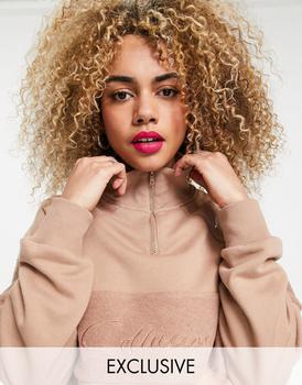 COLLUSION Unisex oversized sweatshirt with half zip and panels in dusty brown product img