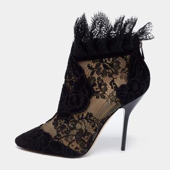 推荐Jimmy Choo Black Lace and Suede Floral Embroidered Kamaris Ankle Booties Size 38商品