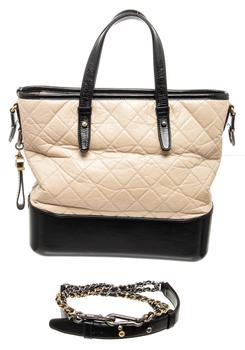 [二手商品] Chanel | Chanel Cream Black Leather Gabrielle Tote Bag商品图片,