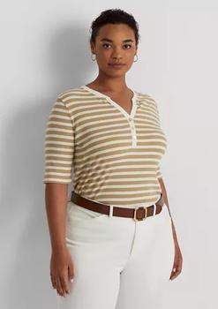 推荐Plus Size Striped Cotton Blend Henley T-Shirt商品