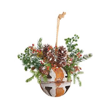 NEARLY NATURAL, NEARLY NATURAL | Holiday Christmas Jumbo Metal Bell Ornament with Artificial Holly, Berries and Pine, 16"商品图片 