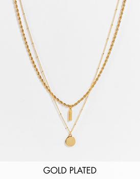 ASOS | ASOS DESIGN 14k gold plated pack of 2 necklaces with bar and disc pendants商品图片,