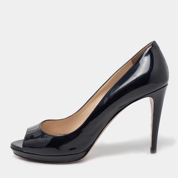 [二手商品] Prada | Prada Midnight Blue Patent Leather Peep-Toe Platform Pumps Size 38.5商品图片,满1件减$100, 满减