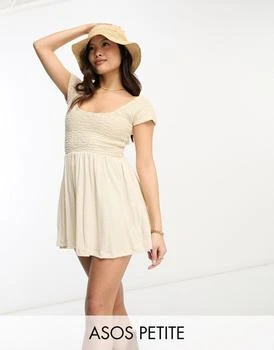 ASOS | ASOS DESIGN Petite scoop neck cap sleeve crinkle shirred mini dress in sand 