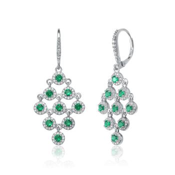 商品C.z. Sterling Silver Rhodium Plated Emerald Round Chandelier Earrings图片