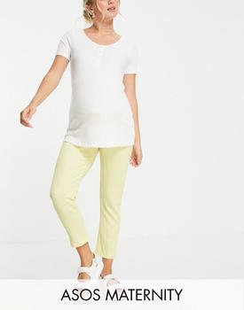 Madeleine Maternity, ASOS | ASOS DESIGN Maternity under the bump textured peg trouser with tie waist in lemon商品图片 3.1折