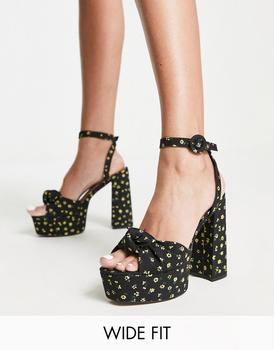 商品ASOS | ASOS DESIGN Wide Fit Note knotted platform heeled sandals in black floral,商家ASOS,价格¥314图片