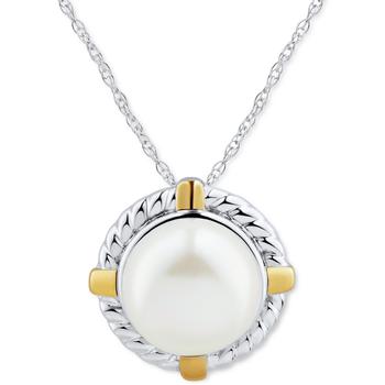 商品Cultured Freshwater Pearl (9mm) Rope-Framed 18" Pendant Necklace in Sterling Silver and 10k Gold图片