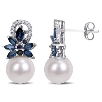 Mimi & Max | 9-9.5 MM Cultured Freshwater Pearl and Sapphire and 1/8 CT TW Diamond Flower Drop Earrings in 14k White Gold 5.8折, 独家减免邮费