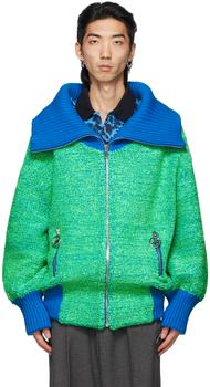 we11done卫衣图片, We11done | Green & Blue Voluminous Pile Zip-Up Sweater商品图片 2.6折