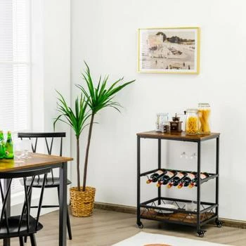 Hivvago | Kitchen Bar Cart Serving Trolley on Wheels with Wine Rack Glass Holder-Rustic Brown,商家Premium Outlets,价格¥629