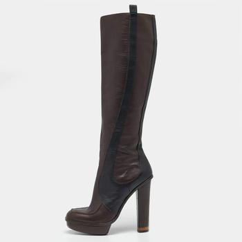 推荐Fendi Brown/Black  Leather Knee Length Boots Size 36商品