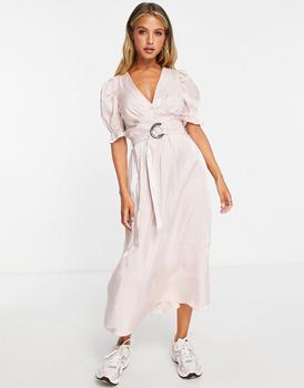 River Island | River Island belted midi dress with puff sleeves in light pink商品图片,