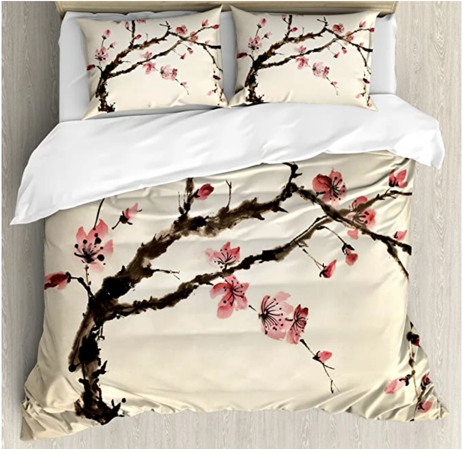 Ambesonne Japanese Duvet Cover Set, Traditional Chinese Paint of Figural Tree with Details Brushstroke Effects Print, Decorative 3 Piece Bedding Set with 2 Pillow Shams, Queen Size, Brown Pink,商家折扣挖宝区,价格¥531