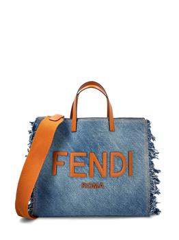 Fendi | Fendi Logo Patch Fringed Denim Tote Bag商品图片,7.2折
