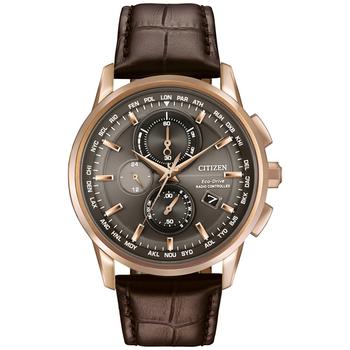 推荐Men's World Chronograph Time AT Eco-Drive Brown Leather Strap Watch 43mm AT8113-04H商品