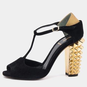 fendi鞋直邮, [二手商品] Fendi | Fendi Black/Gold Suede And Embossed Leather Studded Block Heel T-Strap Sandals Size 36商品图片 9折, 满1件减$100, 满减