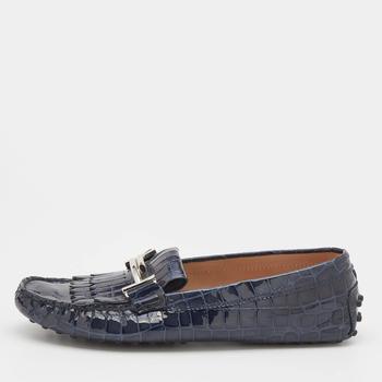 Tod's | Tod's Oxford Blue Croc Embossed Patent Leather Double T Slip On Loafers Size 38商品图片,满1件减$100, 满减