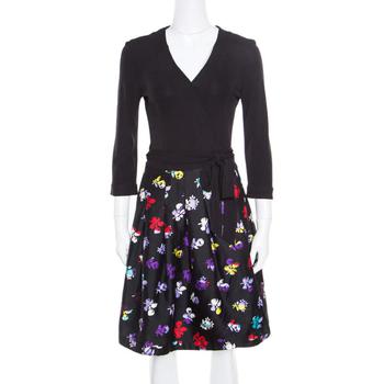 product Diane Von Furstenberg Black Floral Printed Wool and Silk Jewel Wrap Dress M image