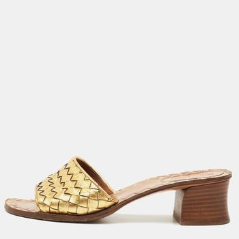 Bottega Veneta | Bottega Veneta Gold Intrecciato Leather Ravello Slide Sandals Size 37商品图片,5.4折