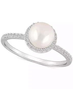 Macy's | Cultured Freshwater Pearl (7mm) & Lab-Grown White Sapphire (1/5 ct. t.w.) Halo Ring in 10k White Gold,商家Macy's,价格¥2776