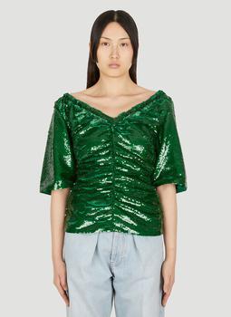 Ganni | Ruched Sequin Top in Green商品图片,