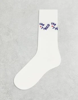 ASOS | ASOS DESIGN im tired slogan socks in white 7折