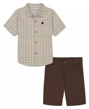 Calvin Klein | Little Boys Plaid Short Sleeve Button-Up Shirt and Twill Shorts, 2 Piece Set,商家Macy's,价格¥110