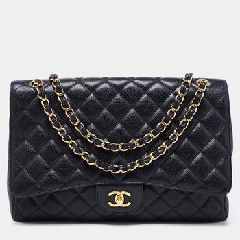 chanel包, [二手商品] Chanel | Chanel Black Quilted Caviar Leather Maxi Classic Single Flap Bag商品图片 7.6折