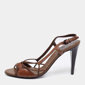 推荐Bottega Veneta Brown Snakeskin Leather Slingback Sandals Size 40商品