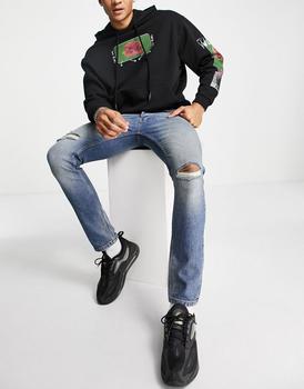 Topman | Topman stretch skinny rip jeans in mid wash blue商品图片,5折×额外8折, 额外八折