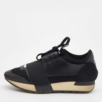 推荐Balenciaga Black Leather and Mesh Race Runner Sneakers Size 35商品