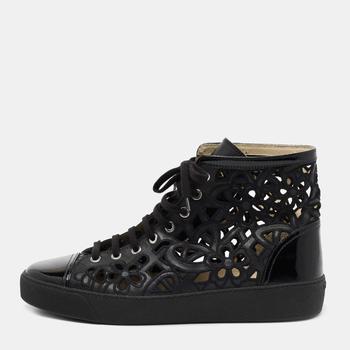 香奈儿鞋是什么牌子, Chanel | Chanel Black Patent and Floral Laser Cut Leather CC High-Top Sneakers Size 42商品图片 9.2折