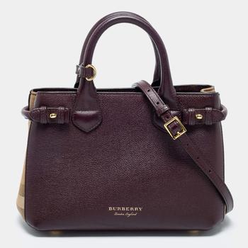 burberry托特包, [二手商品] Burberry | Burberry Burgundy/Beige Leather and House Check Canvas Small Banner Tote商品图片 5.6折