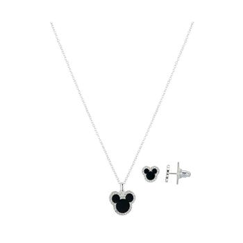 Unwritten | Disney Fine Silver Plated Crystal Black Enamel Mickey Head Pendant Necklace and Earrings Set, 2 Piece商品图片,5折×额外8折, 独家减免邮费, 额外八折