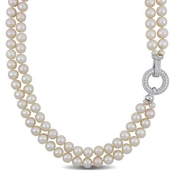 商品Amour | 7-8mm Freshwater Cultured Pearl 2-Strand Necklace with Cubic Zirconia Clasp In Sterling Silver,商家Jomashop,价格¥1050图片