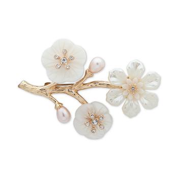 商品Anne Klein | Gold-Tone Pavé & Mother-of-Pearl Flower Branch Pin,商家Macy's,价格¥205图片