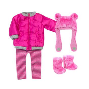 商品- 18" Doll - Fuchsia Bear Paw Hat, Nylon Jacket, Stripe Leggings Boots Set, 4 Piece图片