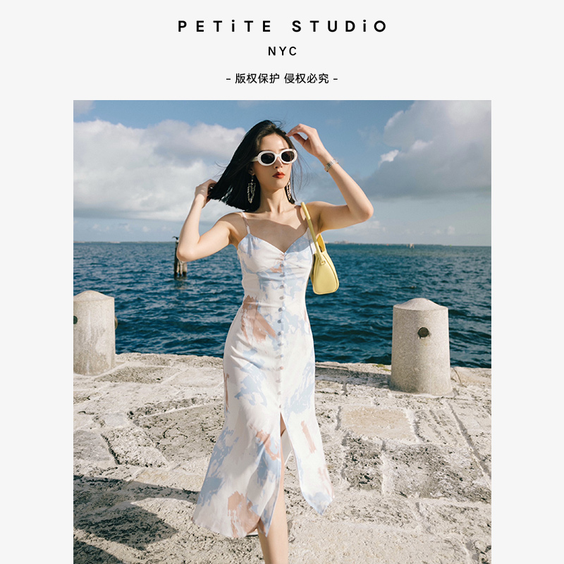 Petite Studio NYC | 【Suggyl联名胶囊系列】Francisco抽象印花法式度假风前开衩吊带连衣裙 | Francisco Dress - Abstract Colors商品图片,包邮包税