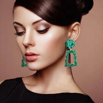 FASHNZFAB | Stone Embellished Chunky Open Rectangle Dangle Evening Earrings - Emerald,商家Premium Outlets,价格¥156