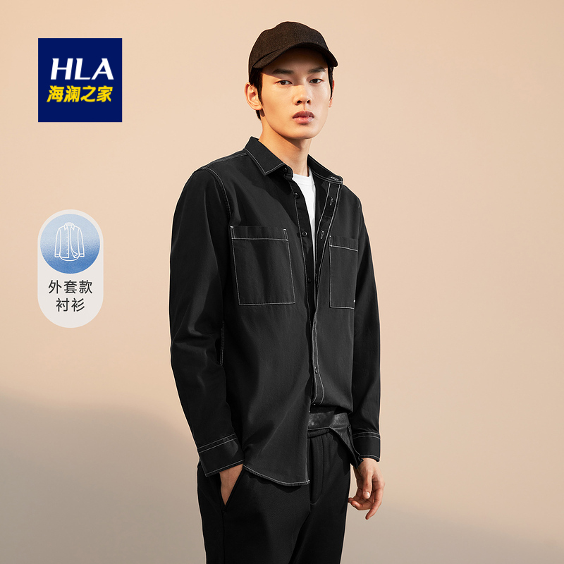 HLA | 海澜之家黑色棉质长袖休闲衬衫2021秋季新品外套款衬衣男商品图片,包邮包税