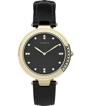 推荐32 mm Adorn Crystal Bezel 3-Hand Leather Strap Watch商品