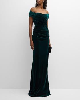 商品Teri Jon | Ruched Off-Shoulder Velvet Column Gown,商家Neiman Marcus,价格¥5766图片