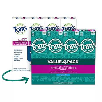商品Tom's of Maine Fluoride-Free Antiplaque & Whitening Toothpaste, Peppermint (5.5 oz., 4 pk.)图片